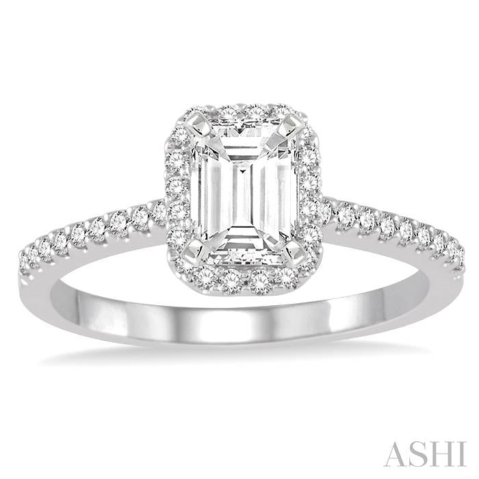 3/4 Ctw Diamond Engagement Ring with 1/2 Ct Emerald Cut Center Stone in 14K White Gold