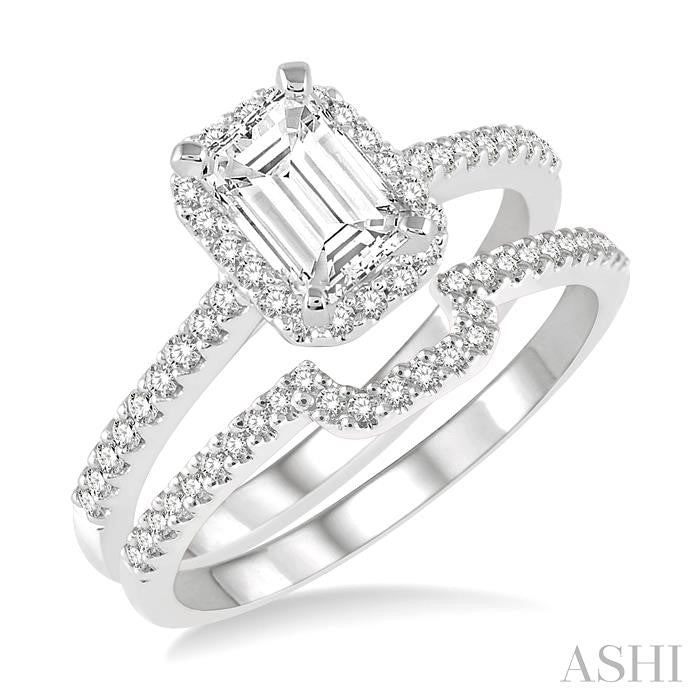 7/8 Ctw Round Cut Diamond Wedding Set With 3/4 Ctw Emerald Cut Engagement Ring and 1/6 Ctw Trough Shape Wedding Band in 14K White Gold