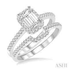 7/8 Ctw Round Cut Diamond Wedding Set With 3/4 Ctw Emerald Cut Engagement Ring and 1/6 Ctw Trough Shape Wedding Band in 14K White Gold