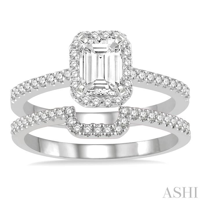 7/8 Ctw Round Cut Diamond Wedding Set With 3/4 Ctw Emerald Cut Engagement Ring and 1/6 Ctw Trough Shape Wedding Band in 14K White Gold