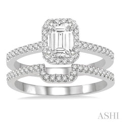 7/8 Ctw Round Cut Diamond Wedding Set With 3/4 Ctw Emerald Cut Engagement Ring and 1/6 Ctw Trough Shape Wedding Band in 14K White Gold