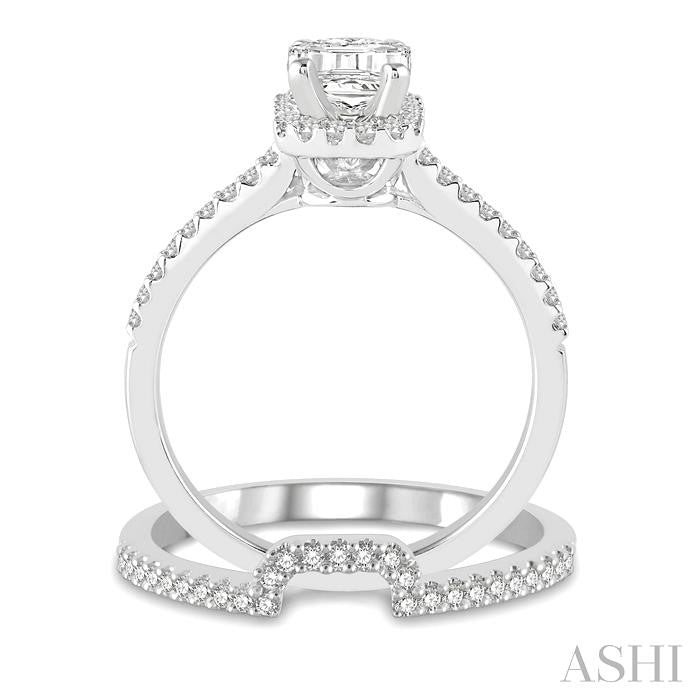 7/8 Ctw Round Cut Diamond Wedding Set With 3/4 Ctw Emerald Cut Engagement Ring and 1/6 Ctw Trough Shape Wedding Band in 14K White Gold