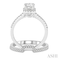 7/8 Ctw Round Cut Diamond Wedding Set With 3/4 Ctw Emerald Cut Engagement Ring and 1/6 Ctw Trough Shape Wedding Band in 14K White Gold