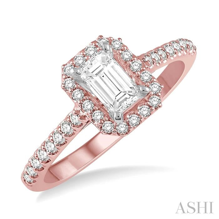 3/8 Ctw Emerald Shape Engagement Ring with 1/4 Ct Emerald Cut Center Stone in 14K Rose and White Gold