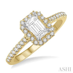 1/6 Ctw Emerald Shape Semi-Mount Round Cut Diamond Engagement Ring in 14K Yellow and White Gold