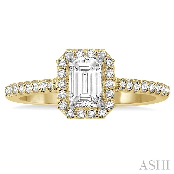 1/6 Ctw Emerald Shape Semi-Mount Round Cut Diamond Engagement Ring in 14K Yellow and White Gold