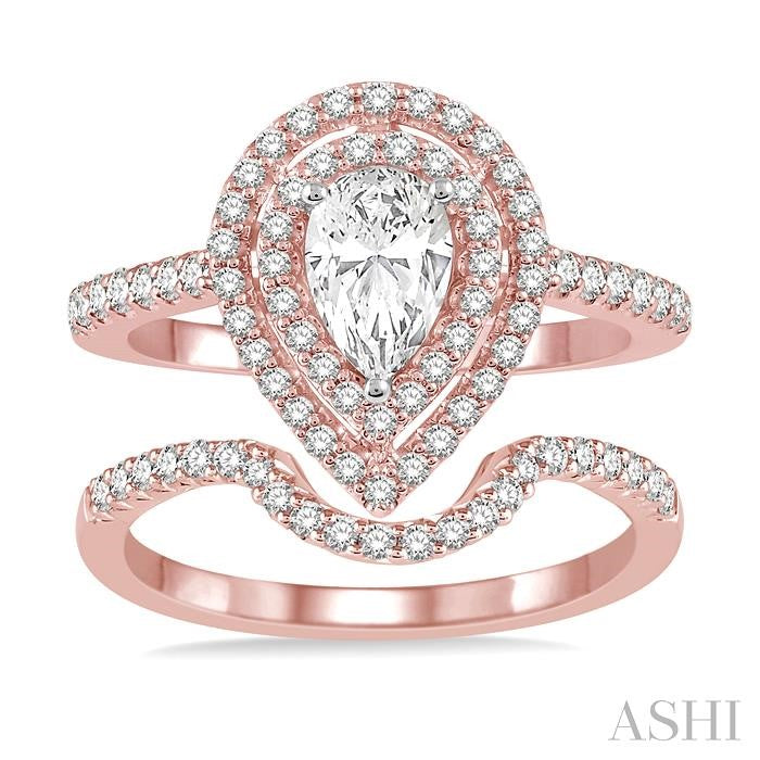 1 1/5 Ctw Diamond Wedding Set in 14K With 1 Ctw Pear Shape Engagement Ring in Rose and White Gold and 1/5 Ctw U-Cut Center Wedding Band in Rose Gold