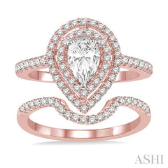 1 1/5 Ctw Diamond Wedding Set in 14K With 1 Ctw Pear Shape Engagement Ring in Rose and White Gold and 1/5 Ctw U-Cut Center Wedding Band in Rose Gold
