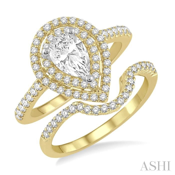 1 1/5 Ctw Diamond Wedding Set in 14K With 1 Ctw Pear Shape Engagement Ring in Yellow and White Gold and 1/5 Ctw Center Wedding Band in Yellow Gold
