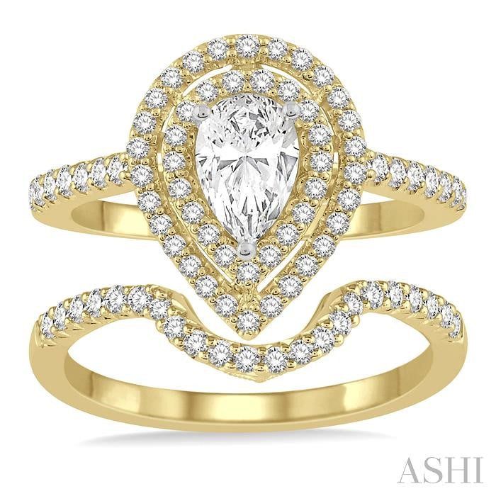 1 1/5 Ctw Diamond Wedding Set in 14K With 1 Ctw Pear Shape Engagement Ring in Yellow and White Gold and 1/5 Ctw Center Wedding Band in Yellow Gold