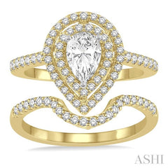 1 1/5 Ctw Diamond Wedding Set in 14K With 1 Ctw Pear Shape Engagement Ring in Yellow and White Gold and 1/5 Ctw Center Wedding Band in Yellow Gold