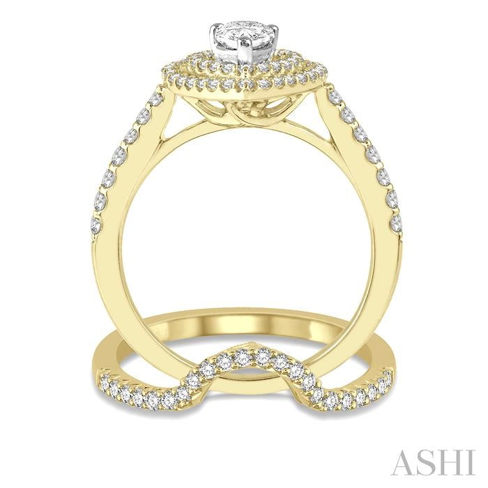 1 1/5 Ctw Diamond Wedding Set in 14K With 1 Ctw Pear Shape Engagement Ring in Yellow and White Gold and 1/5 Ctw Center Wedding Band in Yellow Gold