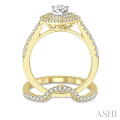 1 1/5 Ctw Diamond Wedding Set in 14K With 1 Ctw Pear Shape Engagement Ring in Yellow and White Gold and 1/5 Ctw Center Wedding Band in Yellow Gold