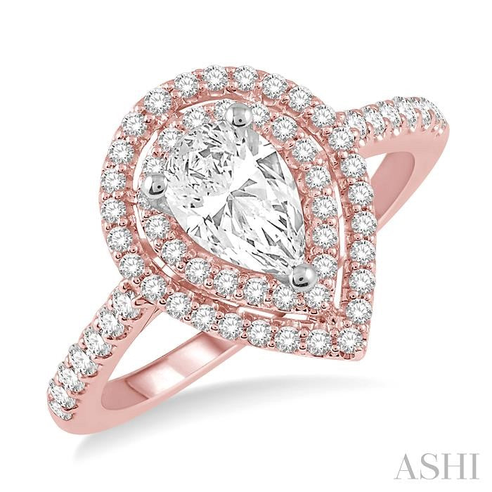 1 Ctw Pear Cut Double Row Diamond Ladies Engagement Ring with 1/2 Ct pear shape Center Stone in 14K Rose and White Gold