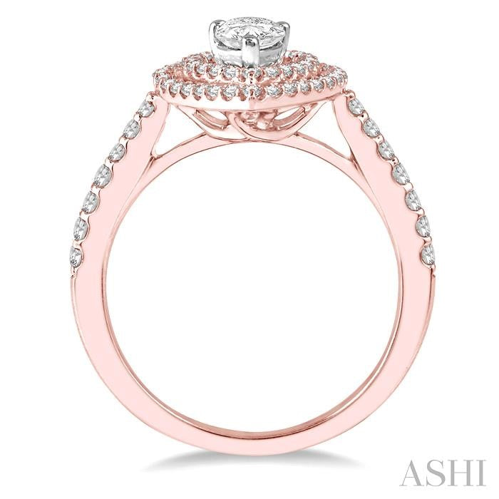 1 Ctw Pear Cut Double Row Diamond Ladies Engagement Ring with 1/2 Ct pear shape Center Stone in 14K Rose and White Gold