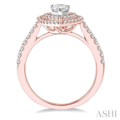 1 Ctw Pear Cut Double Row Diamond Ladies Engagement Ring with 1/2 Ct pear shape Center Stone in 14K Rose and White Gold