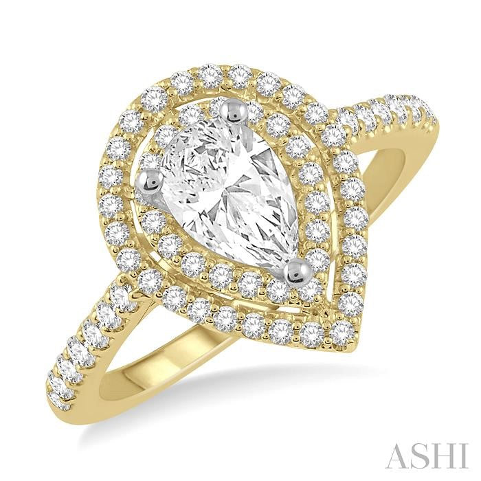 1 Ctw Pear Cut Double Row Diamond Ladies Engagement Ring with 1/2 Ct pear shape Center Stone in 14K Yellow and White Gold