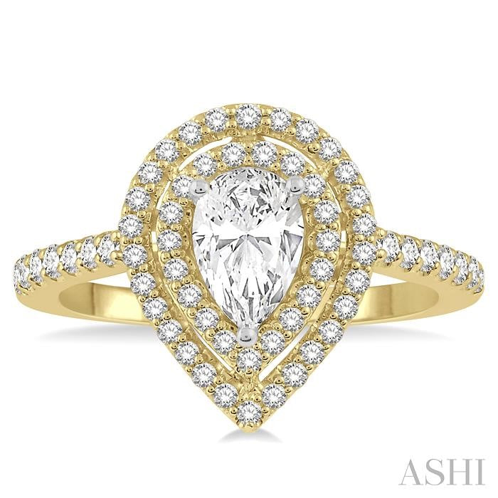 1 Ctw Pear Cut Double Row Diamond Ladies Engagement Ring with 1/2 Ct pear shape Center Stone in 14K Yellow and White Gold
