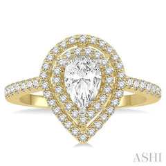 1 Ctw Pear Cut Double Row Diamond Ladies Engagement Ring with 1/2 Ct pear shape Center Stone in 14K Yellow and White Gold