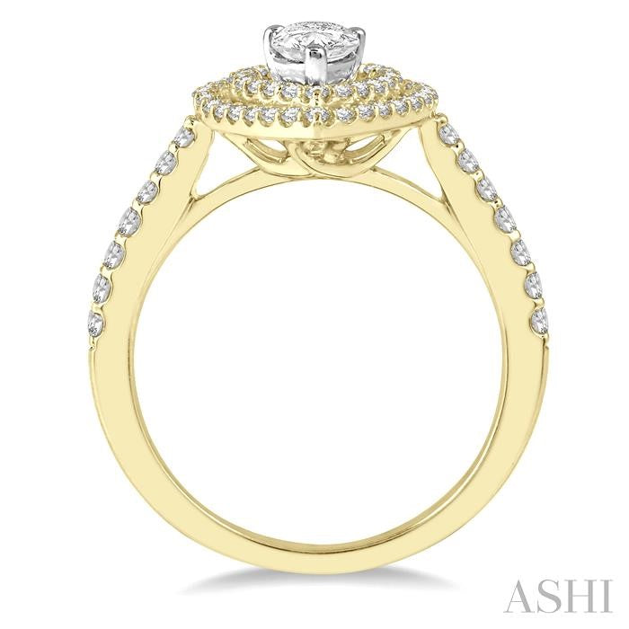1 Ctw Pear Cut Double Row Diamond Ladies Engagement Ring with 1/2 Ct pear shape Center Stone in 14K Yellow and White Gold