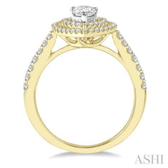 1 Ctw Pear Cut Double Row Diamond Ladies Engagement Ring with 1/2 Ct pear shape Center Stone in 14K Yellow and White Gold