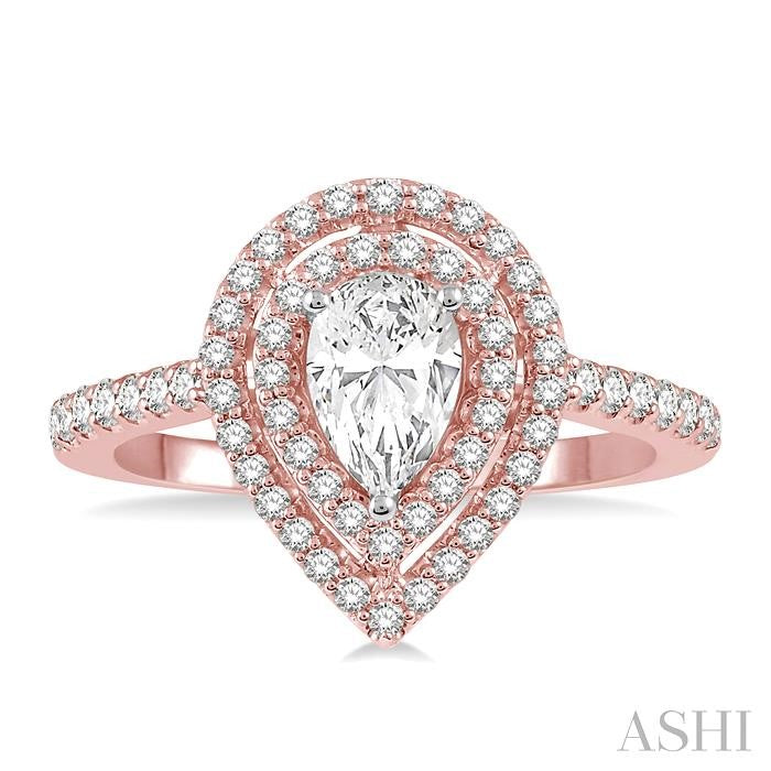 1/2 Ctw Pear Shape Engagement Ring with 1/4 Ct Pear Cut Center Stone in 14K Rose and White Gold