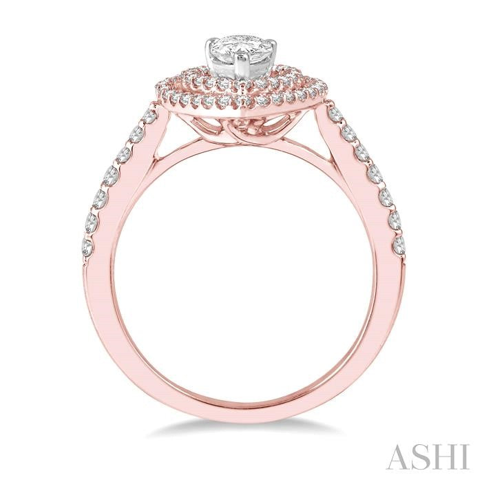 1/2 Ctw Pear Shape Engagement Ring with 1/4 Ct Pear Cut Center Stone in 14K Rose and White Gold