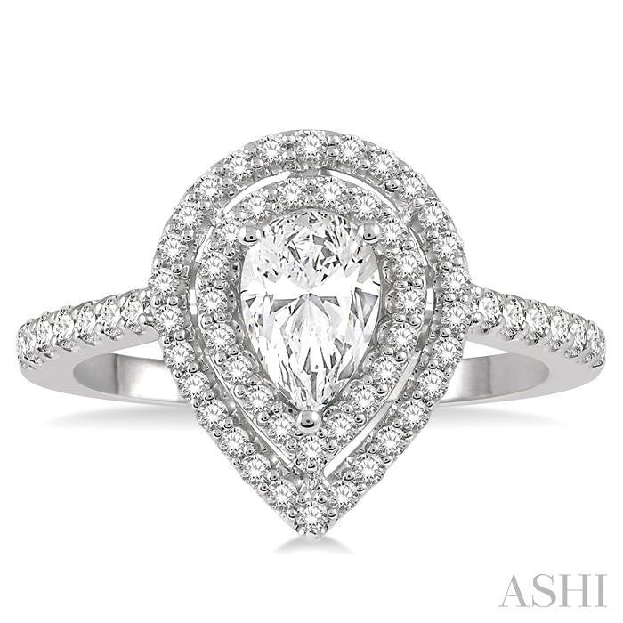 1/2 Ctw Pear Cut Semi-Mount Double Row Diamond Engagement Ring in 14K White Gold