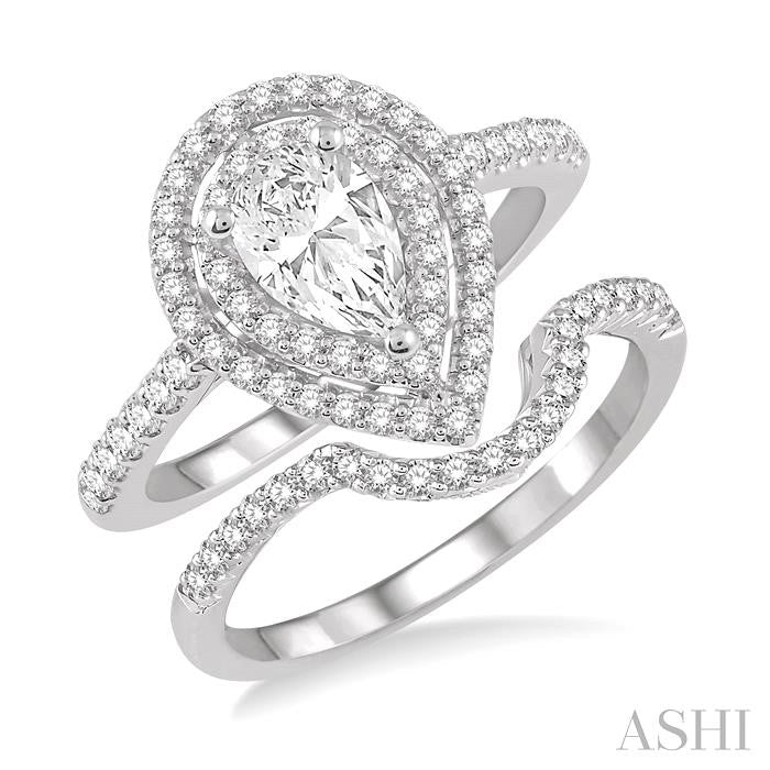 5/8 Ctw Diamond Wedding Set in 14K With 1/2 Ctw Pear Shape Engagement Ring and 1/8 Ctw U-Cut Center Wedding Band in White Gold