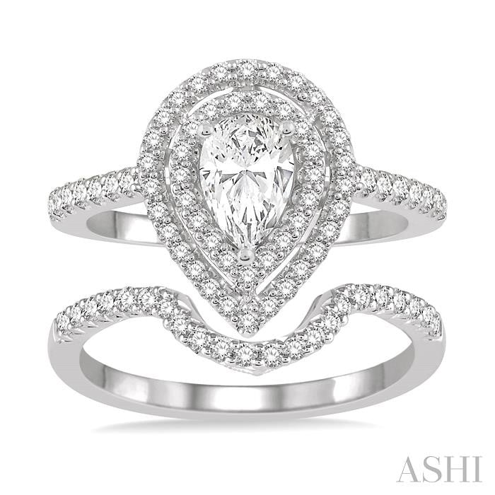 5/8 Ctw Diamond Wedding Set in 14K With 1/2 Ctw Pear Shape Engagement Ring and 1/8 Ctw U-Cut Center Wedding Band in White Gold