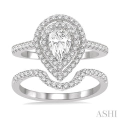 5/8 Ctw Diamond Wedding Set in 14K With 1/2 Ctw Pear Shape Engagement Ring and 1/8 Ctw U-Cut Center Wedding Band in White Gold