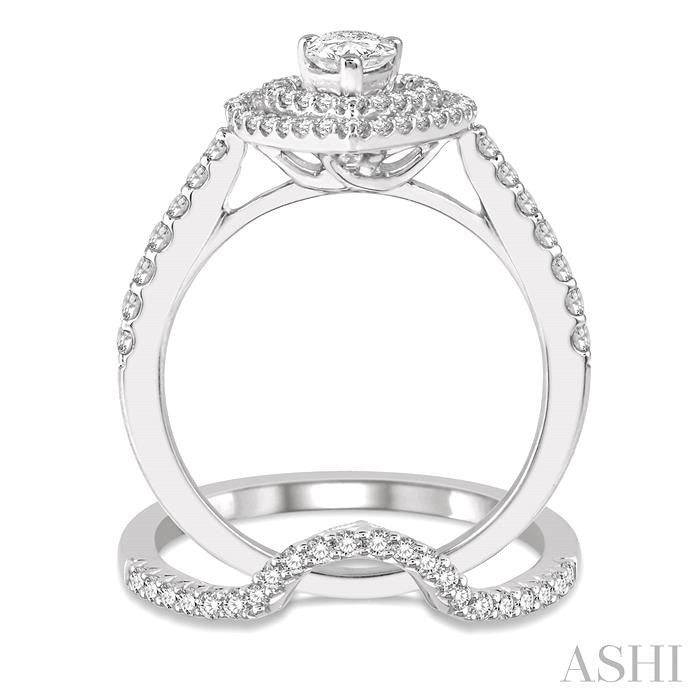 5/8 Ctw Diamond Wedding Set in 14K With 1/2 Ctw Pear Shape Engagement Ring and 1/8 Ctw U-Cut Center Wedding Band in White Gold