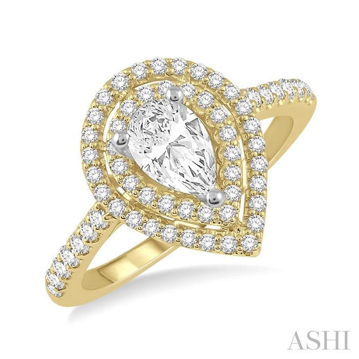 1/2 Ctw Pear Shape Engagement Ring with 1/4 Ct Pear Cut Center Stone in 14K Yellow and White Gold