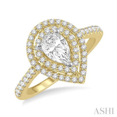 1/2 Ctw Pear Shape Engagement Ring with 1/4 Ct Pear Cut Center Stone in 14K Yellow and White Gold