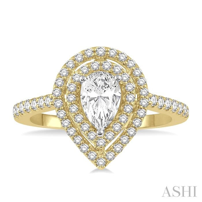 1/2 Ctw Pear Shape Engagement Ring with 1/4 Ct Pear Cut Center Stone in 14K Yellow and White Gold