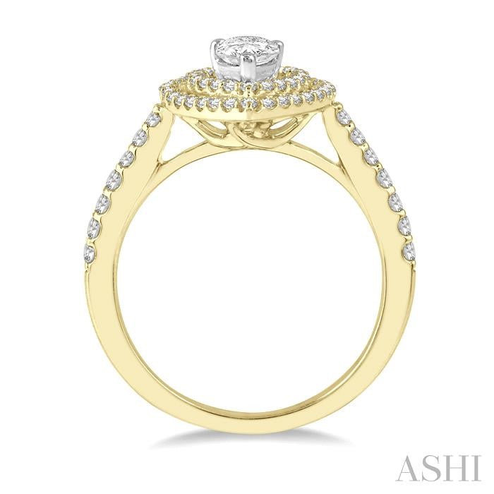 1/2 Ctw Pear Shape Engagement Ring with 1/4 Ct Pear Cut Center Stone in 14K Yellow and White Gold