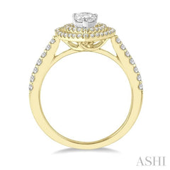1/2 Ctw Pear Shape Engagement Ring with 1/4 Ct Pear Cut Center Stone in 14K Yellow and White Gold