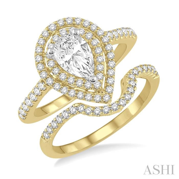 5/8 Ctw Diamond Wedding Set in 14K With 1/2 Ctw Pear Shape Engagement Ring in Yellow and White Gold & 1/8 Ctw U-Cut Center Wedding Band in Yellow Gold