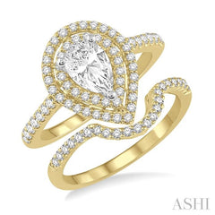 5/8 Ctw Diamond Wedding Set in 14K With 1/2 Ctw Pear Shape Engagement Ring in Yellow and White Gold & 1/8 Ctw U-Cut Center Wedding Band in Yellow Gold