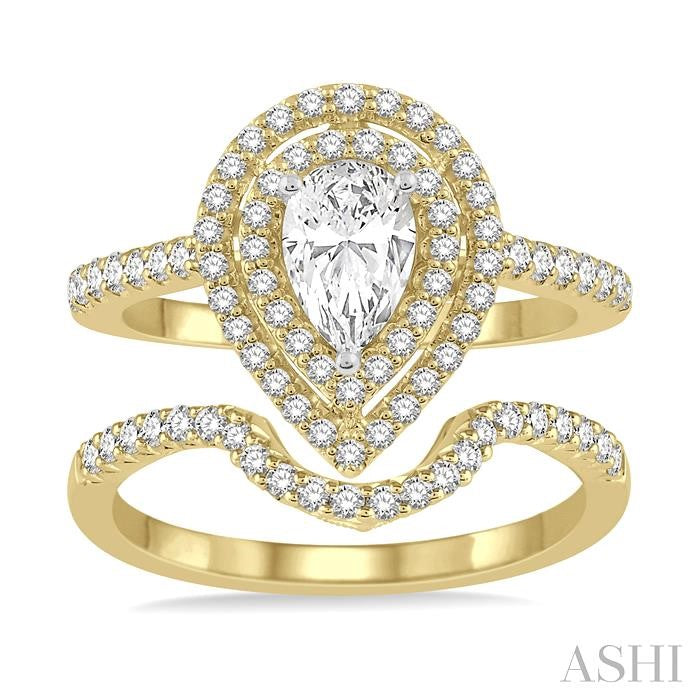 5/8 Ctw Diamond Wedding Set in 14K With 1/2 Ctw Pear Shape Engagement Ring in Yellow and White Gold & 1/8 Ctw U-Cut Center Wedding Band in Yellow Gold