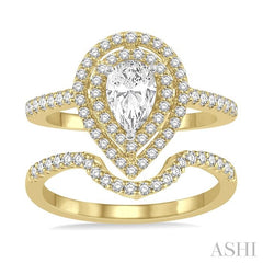 5/8 Ctw Diamond Wedding Set in 14K With 1/2 Ctw Pear Shape Engagement Ring in Yellow and White Gold & 1/8 Ctw U-Cut Center Wedding Band in Yellow Gold