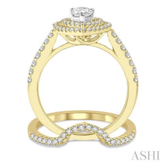 5/8 Ctw Diamond Wedding Set in 14K With 1/2 Ctw Pear Shape Engagement Ring in Yellow and White Gold & 1/8 Ctw U-Cut Center Wedding Band in Yellow Gold