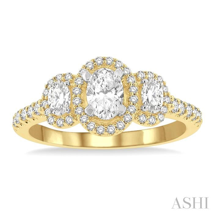 1 Ctw Past, Present & Future Round Cut Diamond Engagement Ring With 3/8 Ct Oval Cut Center Stone in 14K Yellow and White Gold