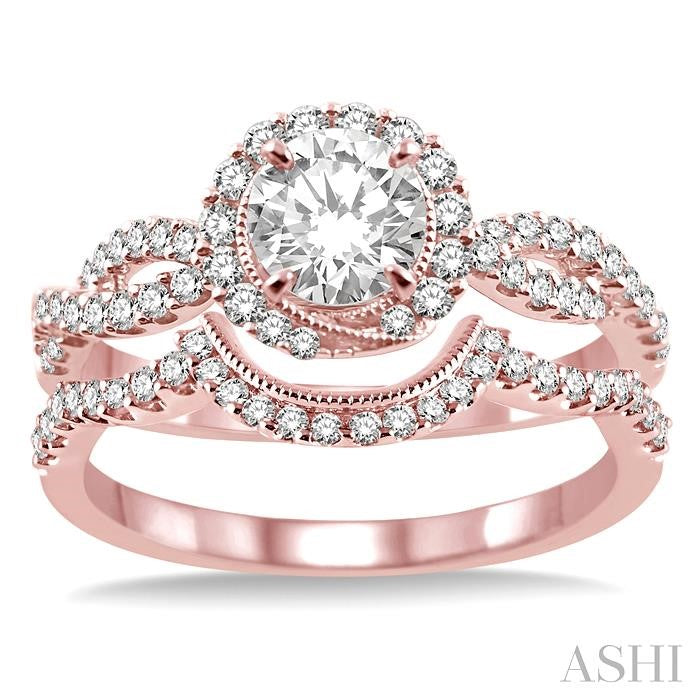 3/4 Ctw Diamond Wedding Set with 5/8 Ctw Round Cut Engagement Ring and 1/6 Ctw Wedding Band in 14K Rose Gold