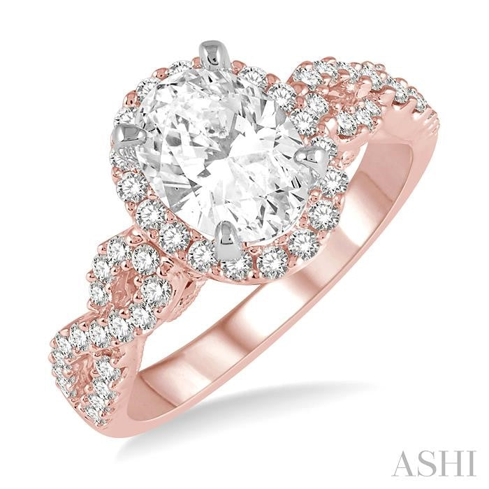 1/2 Ctw Twisted Shank Oval Shape Semi-Mount Round Cut Diamond Engagement Ring in 14K Rose and White Gold