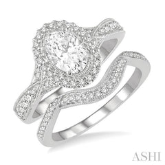 1 1/10 Ctw Free Form Shank Round Cut Diamond Bridal Set With 1 Ct Oval Cut Engagement Ring and 1/10 Ct Curved Center Wedding Band in 14K White Gold