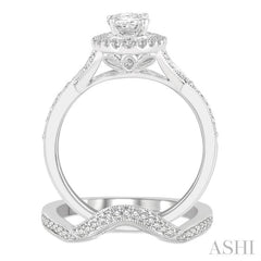 1 1/10 Ctw Free Form Shank Round Cut Diamond Bridal Set With 1 Ct Oval Cut Engagement Ring and 1/10 Ct Curved Center Wedding Band in 14K White Gold