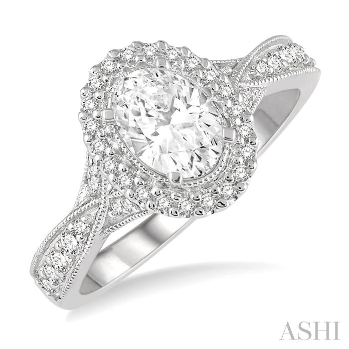 1 Ctw Oval Shape Diamond Ladies Engagement Ring with 3/4 Ct Oval Cut Center Stone in 14K White Gold