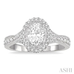 1 Ctw Oval Shape Diamond Ladies Engagement Ring with 3/4 Ct Oval Cut Center Stone in 14K White Gold