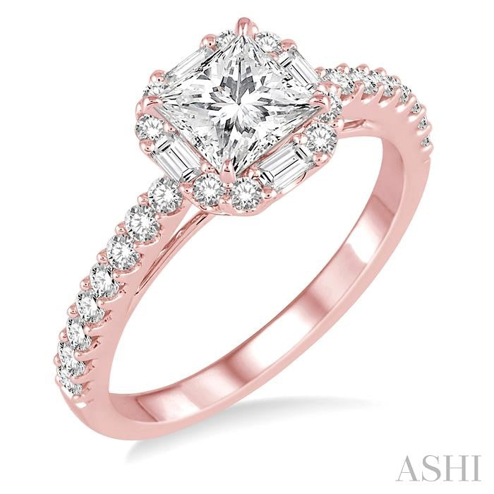 1 1/5 Ctw Diamond Engagement Ring with 5/8 Ct Princess Cut Center Stone in 14K Rose Gold